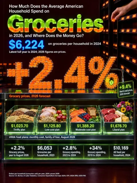 Infographic sheet answering “How Much Does the Average American Household Spend on Groceries in 2026, and Where Does the Money Go?”. A supermarket window at night: “+2.4%” built from orange boxes, the forecast rise in grocery prices for 2026; the answer, “$6,224”, is grocery spending per household in 2024; below, four USDA food plans.