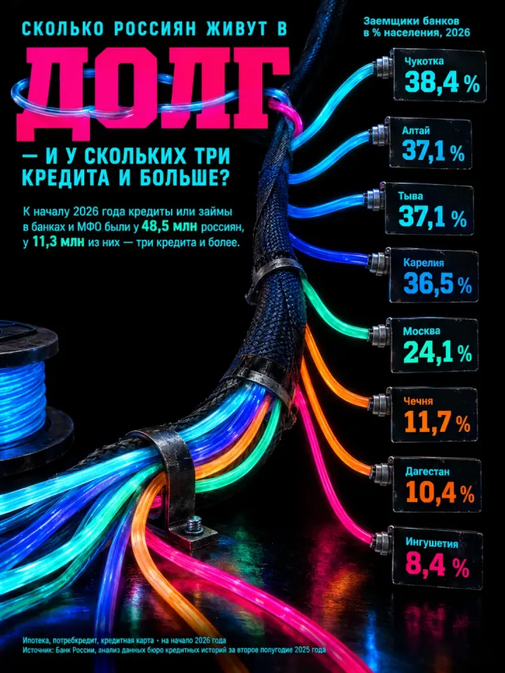 Infographic sheet in Russian answering “Сколько россиян живут в долг — и у скольких три кредита и больше?” (How many Russians live in debt, and how many have three or more loans?): a bundle of neon cables on a black background fanning out to plates with the share of borrowers in eight regions, from “38,4 %” to “8,4 %”; the lead-in gives “48,5 млн” Russians with loans and “11,3 млн” with three or more.