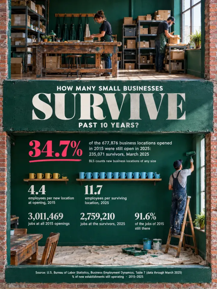 Infographic sheet answering “How Many Small Businesses Survive Past 10 Years?”: a cutaway brick building with a workshop on top and a green “SURVIVE” sign; the main number, “34.7%”, is the share of establishments opened in 2015 still operating ten years later; circles on the shelves show 4.4 and 11.7 workers.