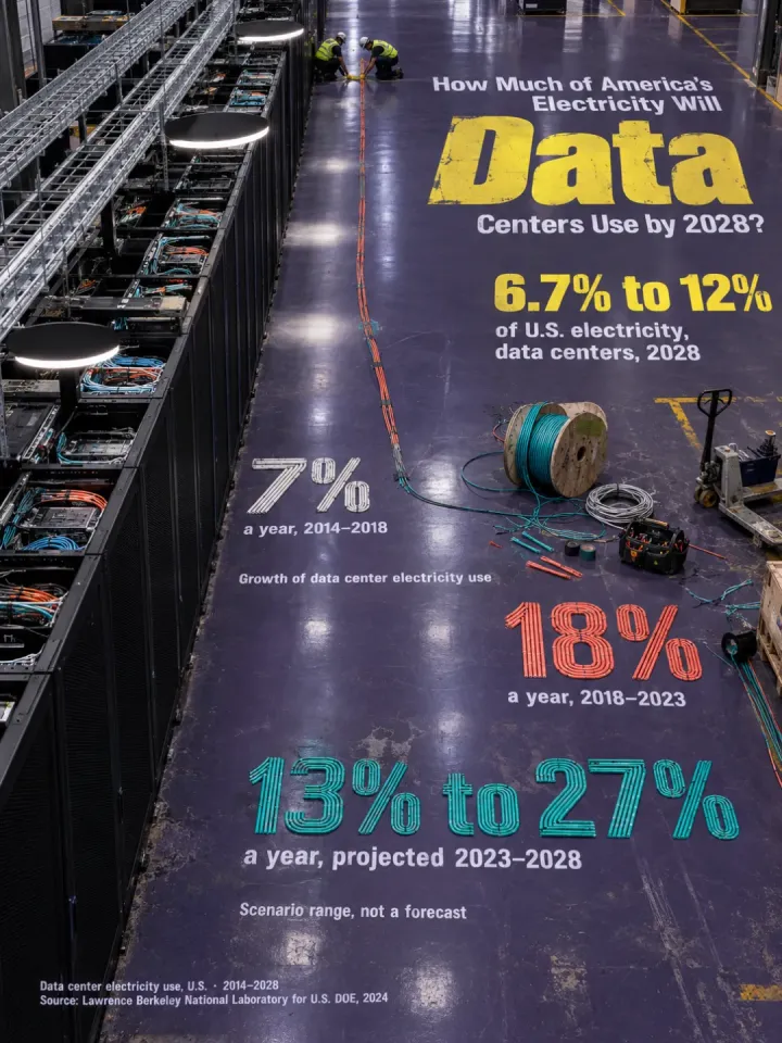 Sheet in Realism mode answering “How Much of America's Electricity Will Data Centers Use by 2028?”: a hall of server racks with the numbers laid out in cable on the floor — “6.7% to 12%” of U.S. electricity in 2028, growth of “7%”, “18%” and “13% to 27%” a year.
