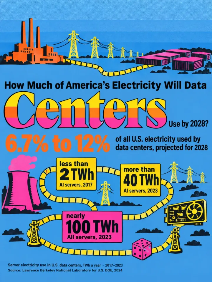 Sheet in Chart mode on the same data center question: a flat, game-like illustration with a yellow path from a power plant to the data centers; the numbers “6.7% to 12%”, “less than 2 TWh”, “more than 40 TWh” and “nearly 100 TWh”.