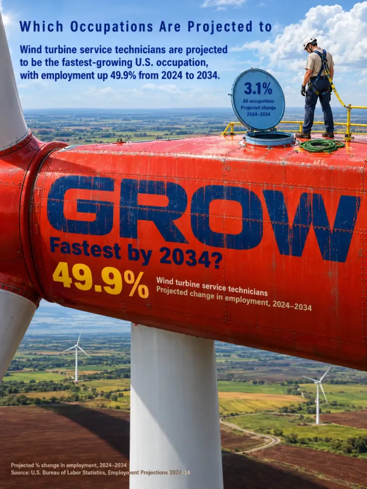 Infographic sheet: a red wind turbine nacelle with the word “GROW”, a technician on its roof and a yellow “49.9%”, the projected 2024–2034 employment growth for wind turbine service technicians; a hatch reads “3.1%” for all occupations.