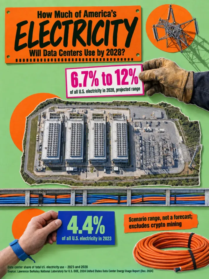 Sheet in Mix mode on the same data center question: a collage on a green background — an overhead photo of a data center, a gloved hand holding a card with “6.7% to 12%” and another hand holding “4.4%” for 2023, with a caveat that the figures are a scenario range.