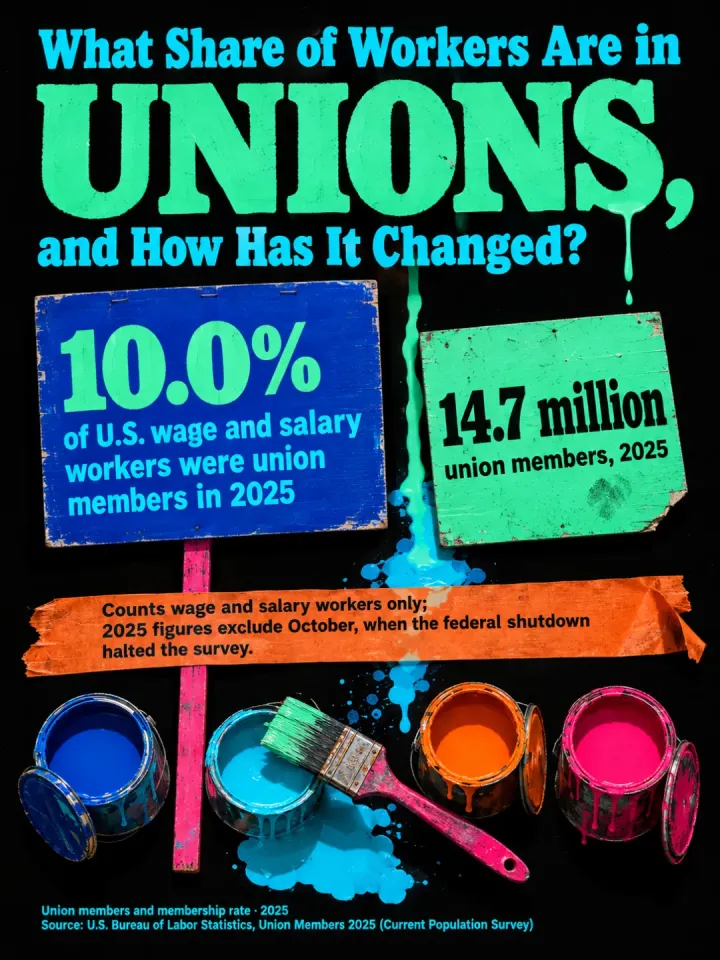 Infographic sheet answering “What Share of Workers Are in Unions, and How Has It Changed?”: neon-colored placards on a black background and paint cans; the main number, “10.0%”, is the union membership rate among U.S. wage and salary workers in 2025, next to “14.7 million”.