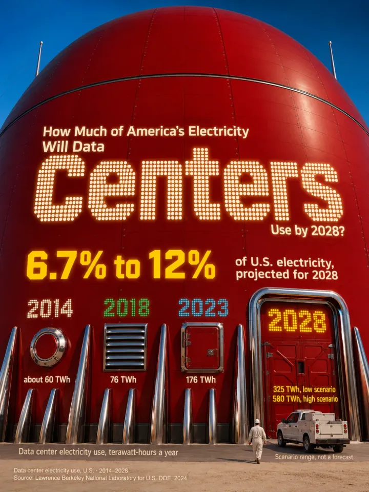 Sheet in Futurism mode on the same data center question: a red dome with the glowing word “Centers”, the number “6.7% to 12%” and a row of hatches for 2014, 2018, 2023 and 2028 showing consumption in terawatt-hours.