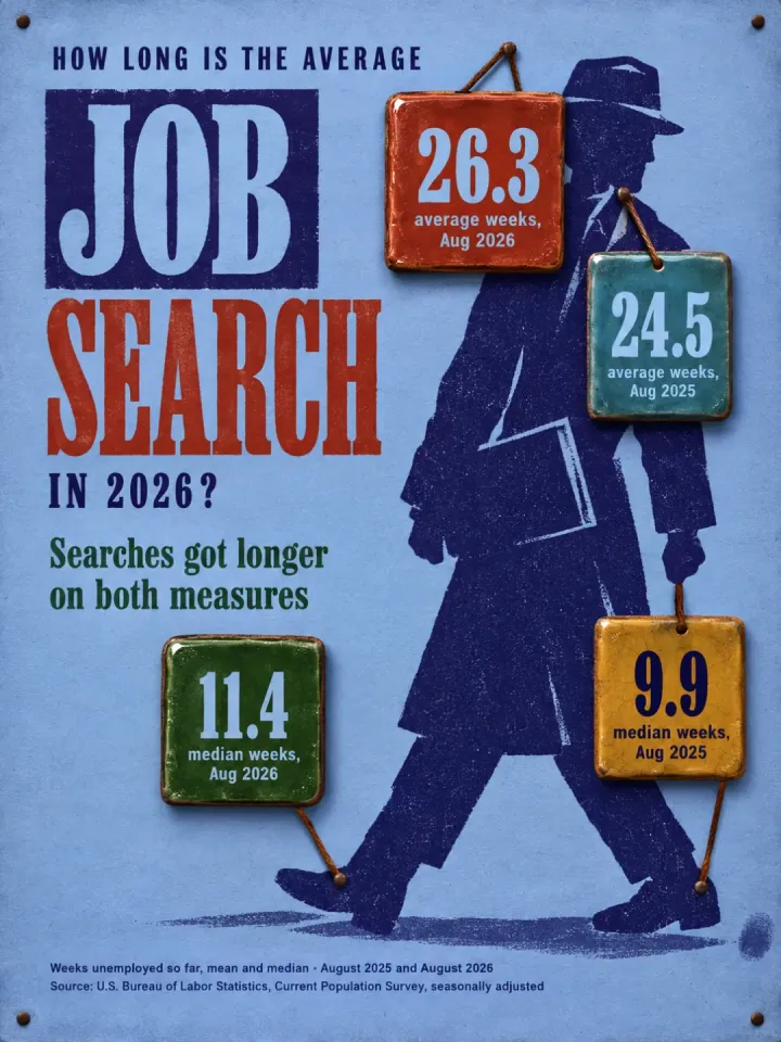 Infographic sheet answering “How Long Is the Average Job Search in 2026?”: a blue silhouette of a man walking with a briefcase and four tiles — “26.3” and “24.5” average weeks, “11.4” and “9.9” median weeks, for August 2026 and August 2025.