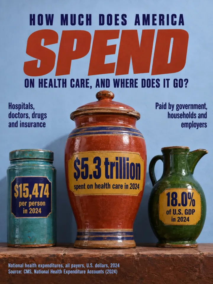 Infographic sheet answering “How Much Does America Spend on Health Care, and Where Does It Go?”: three clay jars on a shelf labeled “$5.3 trillion” in health spending in 2024, “$15,474” per person and “18.0%” of GDP.